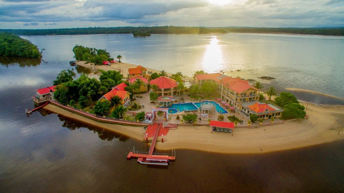 Aerial view of Essequibo River islands featured in eco and adventure tours